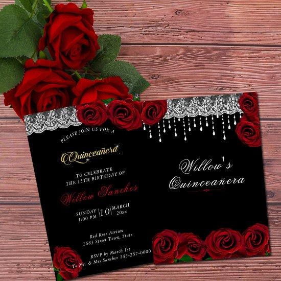 Quinceanera 15th Birthday Red Roses White Lace