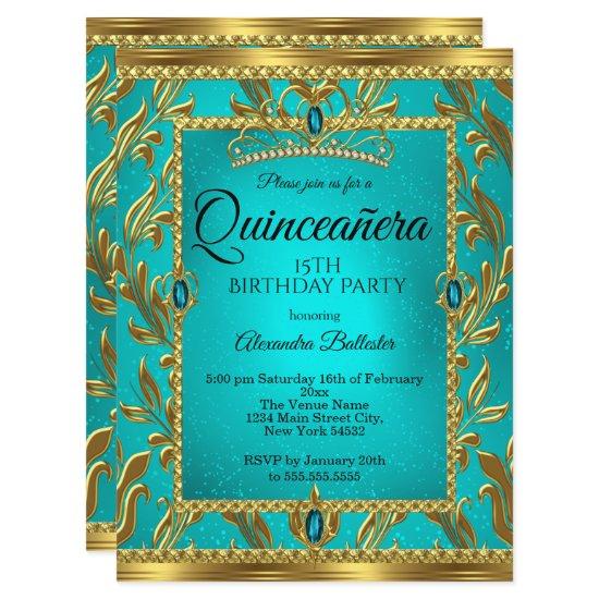 Quinceanera 15th Birthday Teal Blue Tiara Gold