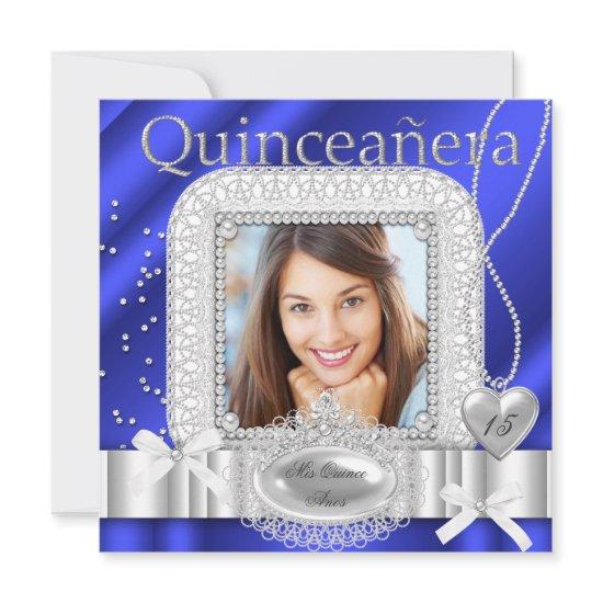 Quinceanera 15th Blue White Lace Pearl Photo