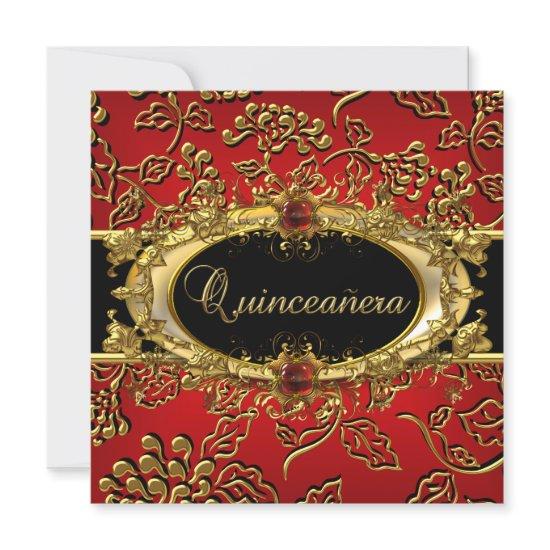 Quinceanera 15th Damask Red Gold Black