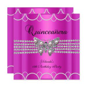 Quinceanera 15th Hot Pink Butterfly Pearl Lace