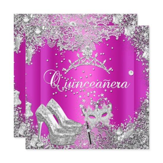 Quinceanera 15th Hot Pink Silver Mask Tiara