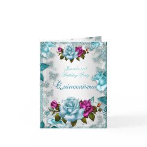 Quinceanera 15th Invite Teal Blue White Pink Rose