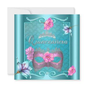 Quinceanera 15th Mask Teal Blue Pink Silver Floral