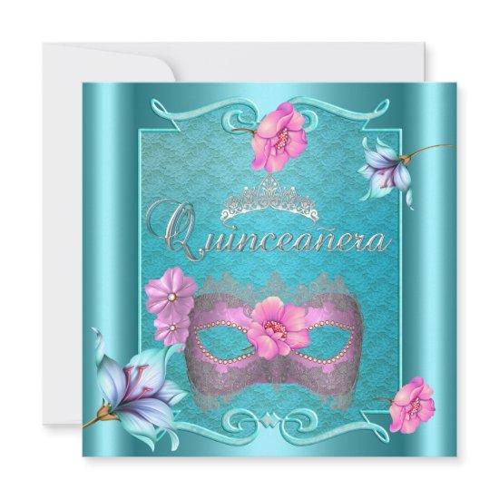 Quinceanera 15th Mask Teal Blue Pink Silver Floral