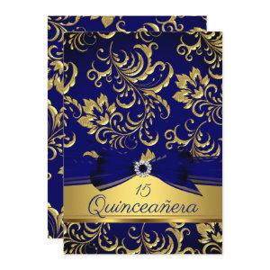 Quinceanera 15th Navy Blue Gold Floral Damask Bow
