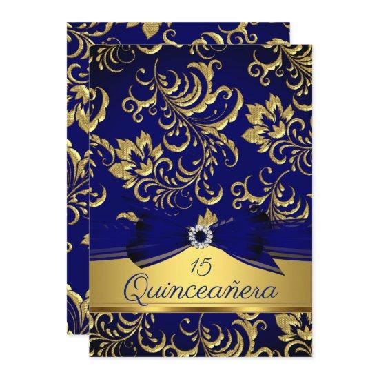 Quinceanera 15th Navy Blue Gold Floral Damask Bow