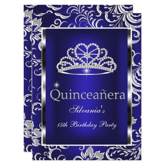 Quinceanera 15th Party Dark Blue Damask Silver