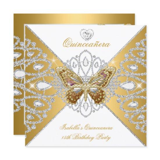 Quinceanera 15th Party Gold White Butterfly Tiara