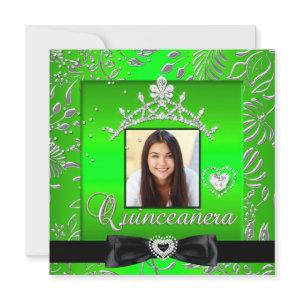 Quinceanera 15th Party Lime Green Silver Damask