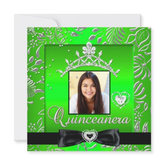 Quinceanera 15th Party Lime Green Silver Damask