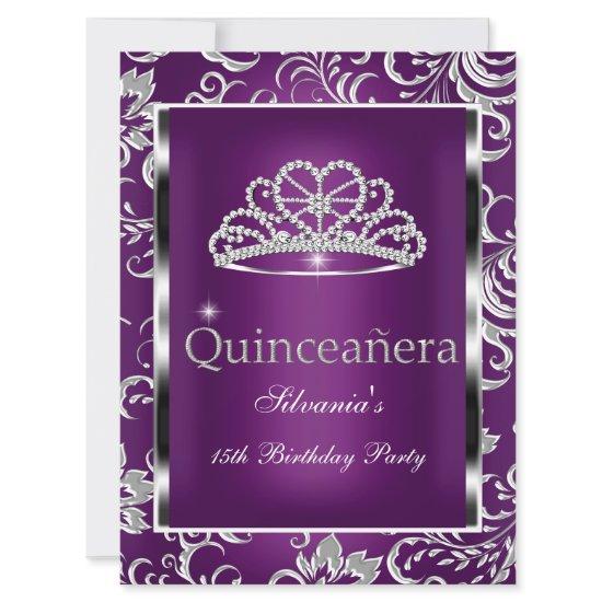 Quinceanera 15th Party Purple Plum Damask Silver