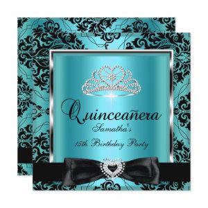 Quinceanera 15th Party Teal Damask Silver Black