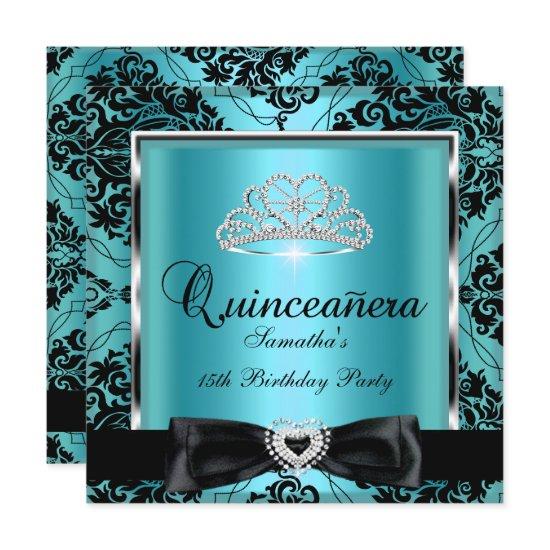 Quinceanera 15th Party Teal Damask Silver Black