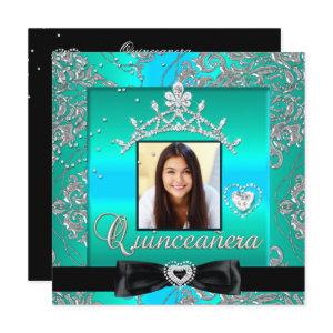 Quinceanera 15th Party Teal Silver Damask Photo