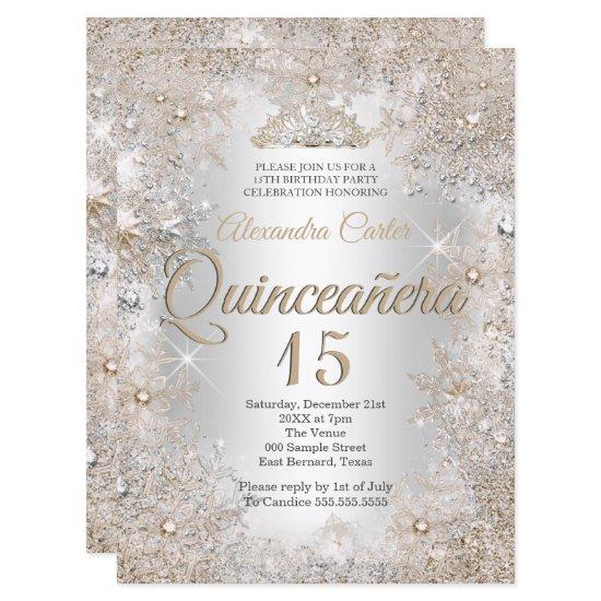 Quinceanera 15th Photo Silver Beige Snowflake