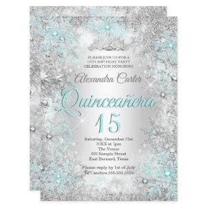 Quinceanera 15th Photo Silver Teal blue Snowflake