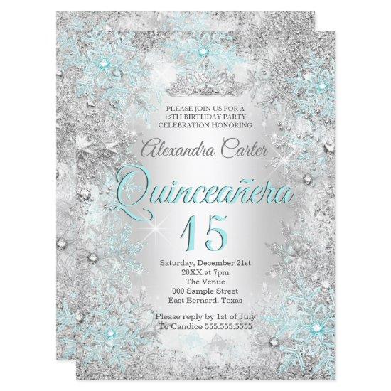 Quinceanera 15th Photo Silver Teal blue Snowflake
