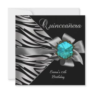 Quinceanera 15th Silver Zebra Teal Black Grey Bow