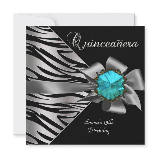 Quinceanera 15th Silver Zebra Teal Black Grey Bow