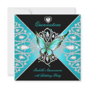 Quinceanera 15th Teal Blue Black Butterfly Tiara