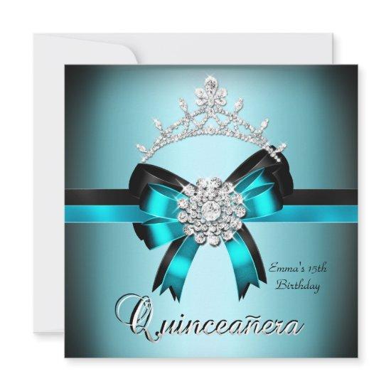 Quinceanera 15th Teal Blue Black Silver Bow