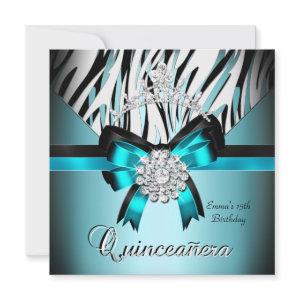 Quinceanera 15th Teal Blue Black Zebra Silver Bow