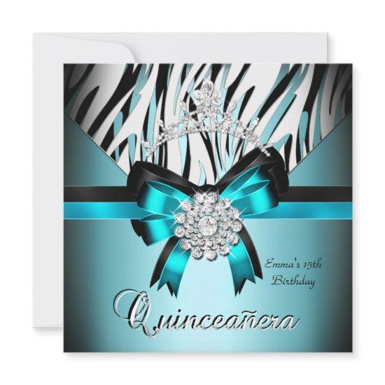 Quinceanera 15th Teal Blue Black Zebra Silver Bow