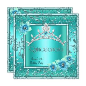 Quinceanera 15th Teal Blue Flower Silver Tiara
