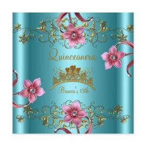 Quinceanera 15th Teal Blue Pink Flowers Gold Tiara