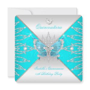 Quinceanera 15th Teal Blue Silver Butterfly Tiara