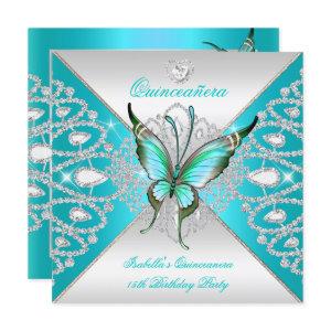 Quinceanera 15th Teal Blue Silver Butterfly Tiara