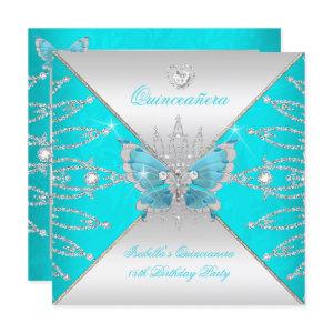 Quinceanera 15th Teal Blue Silver Butterfly Tiara