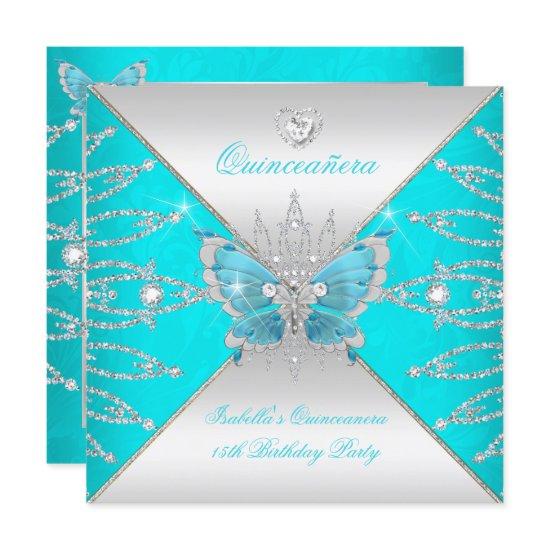 Quinceanera 15th Teal Blue Silver Butterfly Tiara