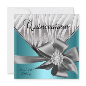 Quinceanera 15th Teal Blue Silver Grey Bow