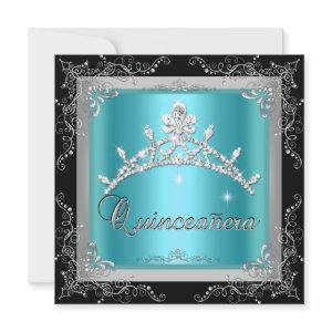 Quinceanera 15th Teal Blue Silver Tiara Black