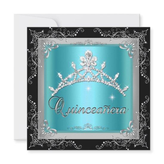 Quinceanera 15th Teal Blue Silver Tiara Black