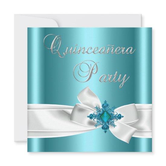 Quinceanera 15th Teal Blue Silver White Bow