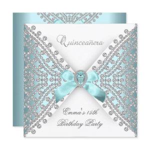 Quinceanera 15th Teal Blue White Faux Diamond