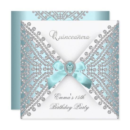 Quinceanera 15th Teal Blue White Faux Diamond