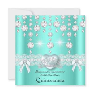 Quinceanera 15th Teal Silver Heart Diamonds