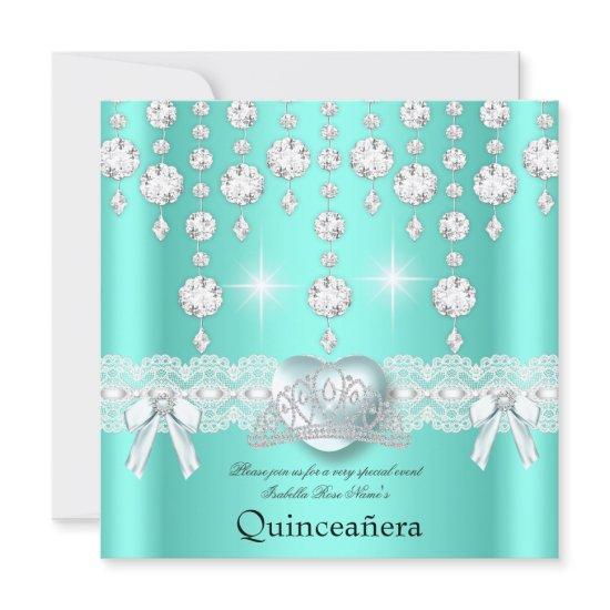 Quinceanera 15th Teal Silver Heart Diamonds