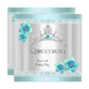 Quinceanera 15th White Teal Blue Silver Tiara