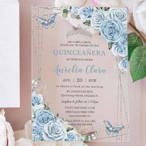 Quinceañera 16 Baby Blue Floral Butterflies Silver Acrylic
