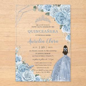 Quinceañera 16 Baby Blue Floral Princess Silver Acrylic