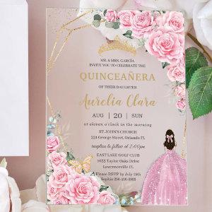Quinceañera 16 Pink Roses Floral Gold Butterflies Acrylic