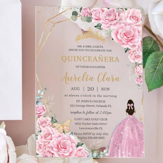 Quinceañera 16 Pink Roses Floral Gold Butterflies Acrylic