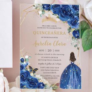 Quinceañera 16 Royal Blue Floral Gold Butterflies Acrylic
