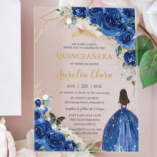 Quinceañera 16 Royal Blue Floral Gold Butterflies Acrylic