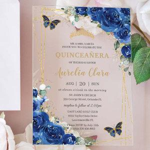 Quinceañera 16 Royal Blue Floral Gold Butterflies Acrylic